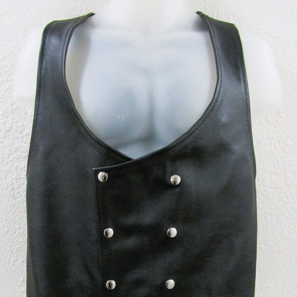 Men's Thick Black Leather Vest with Double Button Closure and Leather Tie Sides